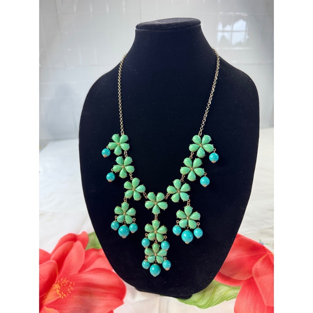 Green Turquoise Floral Statement Necklace Gold‎ Tone Adjustable Tiered Flower